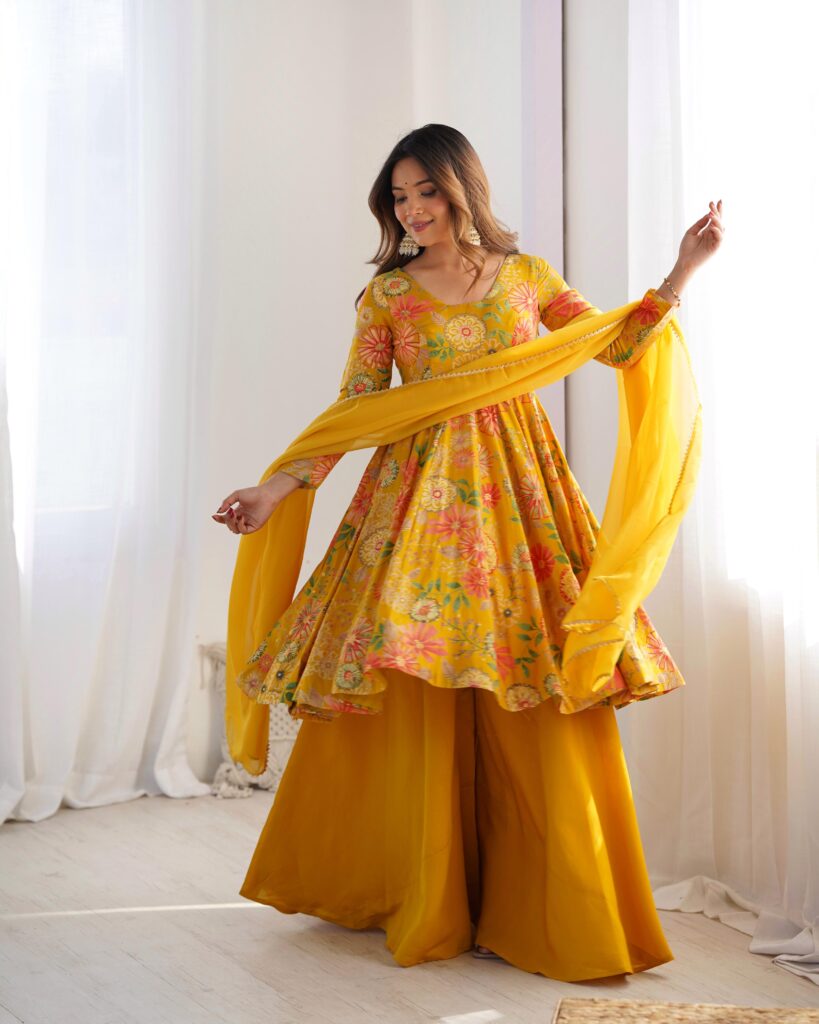 Rageshvari Creation Roman Silk Chanderi Discharge Print Kediyakurta Palazzo Set with Organza Dupatta