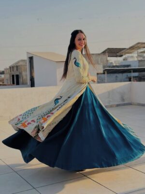 Rageshvari Creation Shimmer Silk Shrug Style Crop Top and Vichitra Silk Lehenga Set