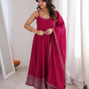 Rageshvari Creation Premium Roman Silk Chanderi Thread Work Anarkali Gown Pant Set with Dupatta
