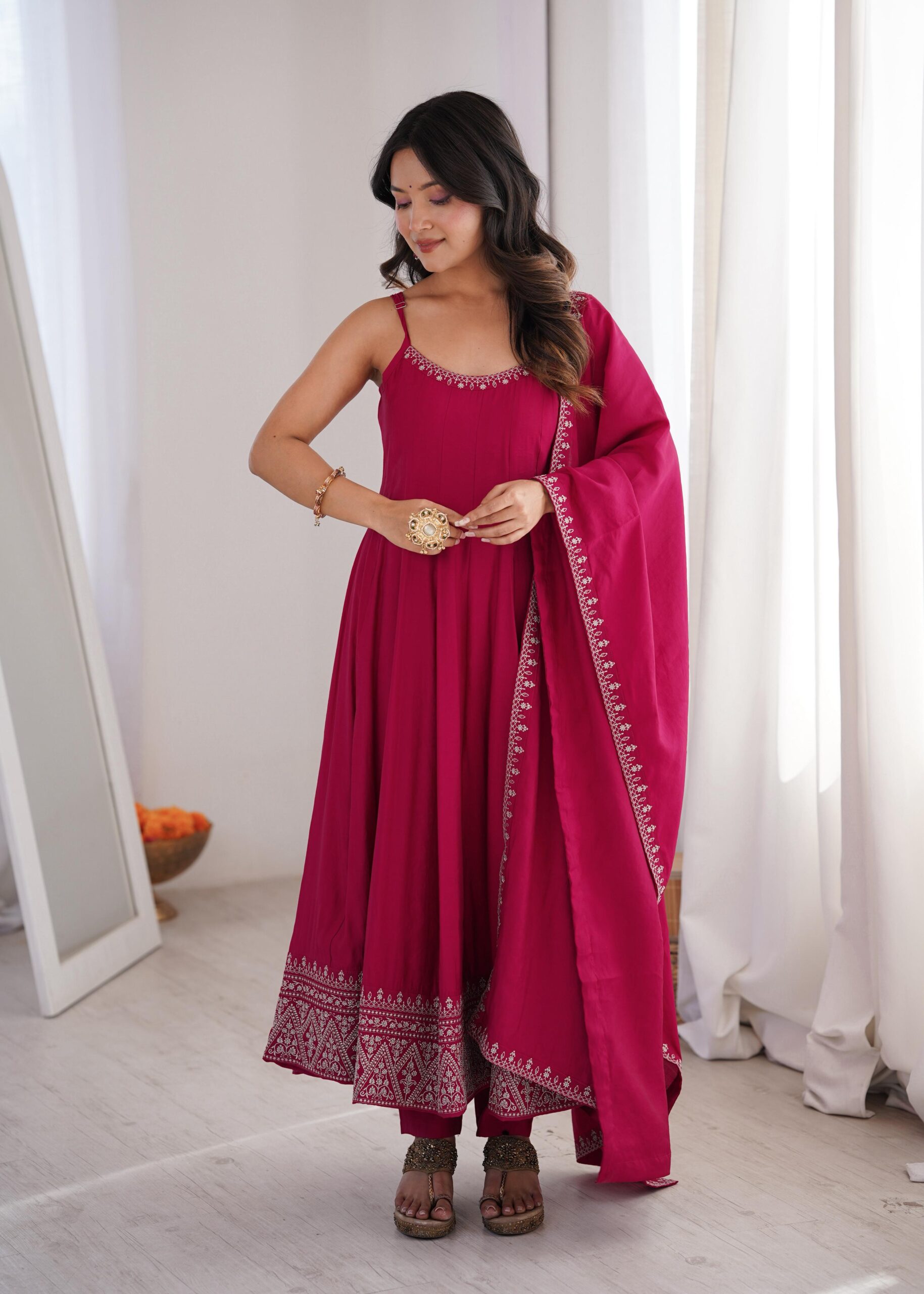 Rageshvari Creation Premium Roman Silk Chanderi Thread Work Anarkali Gown Pant Set with Dupatta