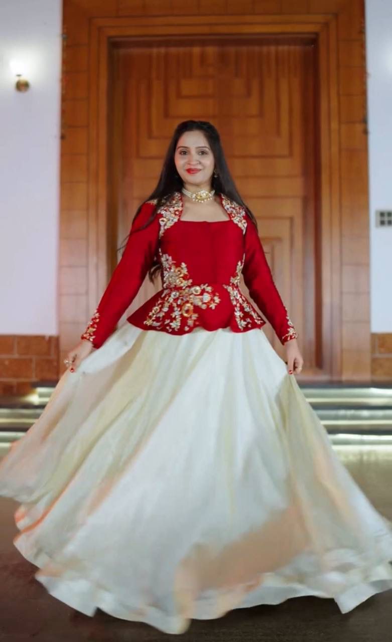 Rageshvari Creation Pure Chinon Silk Sequins & Thread Work Crop Top Lehenga Set
