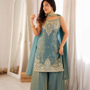 Rageshvari Creation Premium Fendy Silk Embroidered Kurta Sharara Set with Belt Style Dupatta