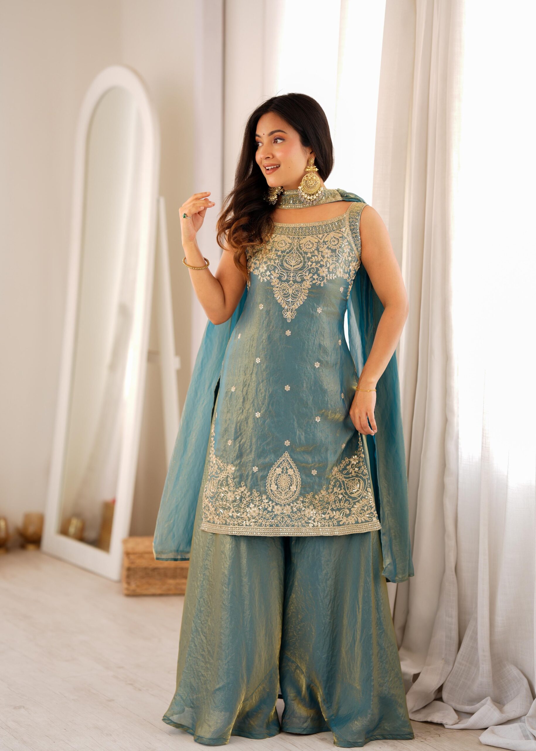 Rageshvari Creation Premium Fendy Silk Embroidered Kurta Sharara Set with Belt Style Dupatta