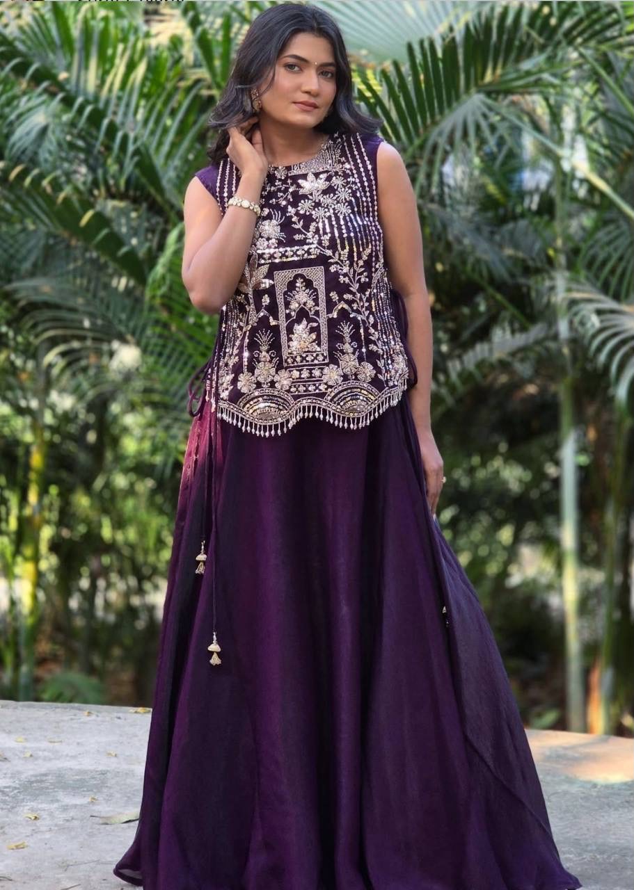 Rageshvari Fashion Pure Vichitra Silk 3-Piece Lehenga Choli with Embroidered Shrug (8.5-Meter Flair)