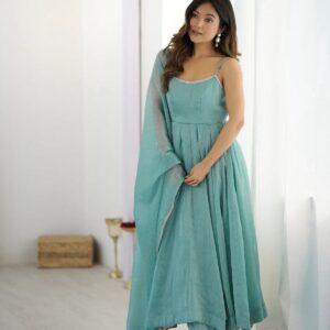 Rageshvari Fashion Sky & Dusty Pink Crunchy Silk Anarkali Gown Set with Siroski Work