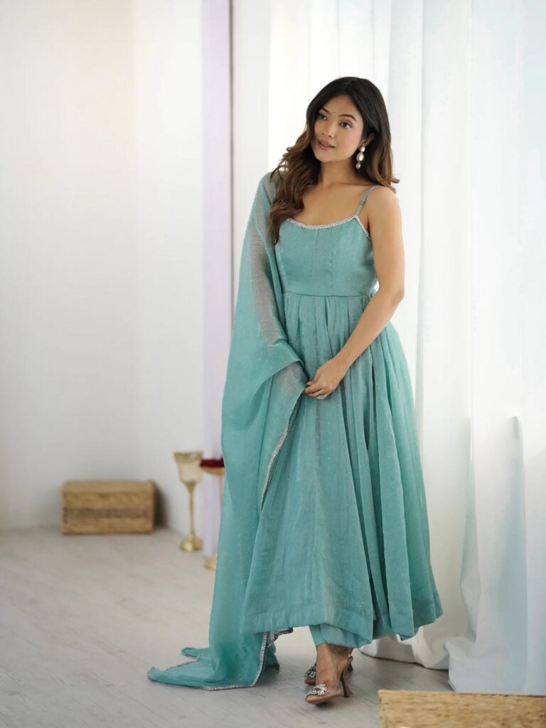 Rageshvari Fashion Sky & Dusty Pink Crunchy Silk Anarkali Gown Set with Siroski Work