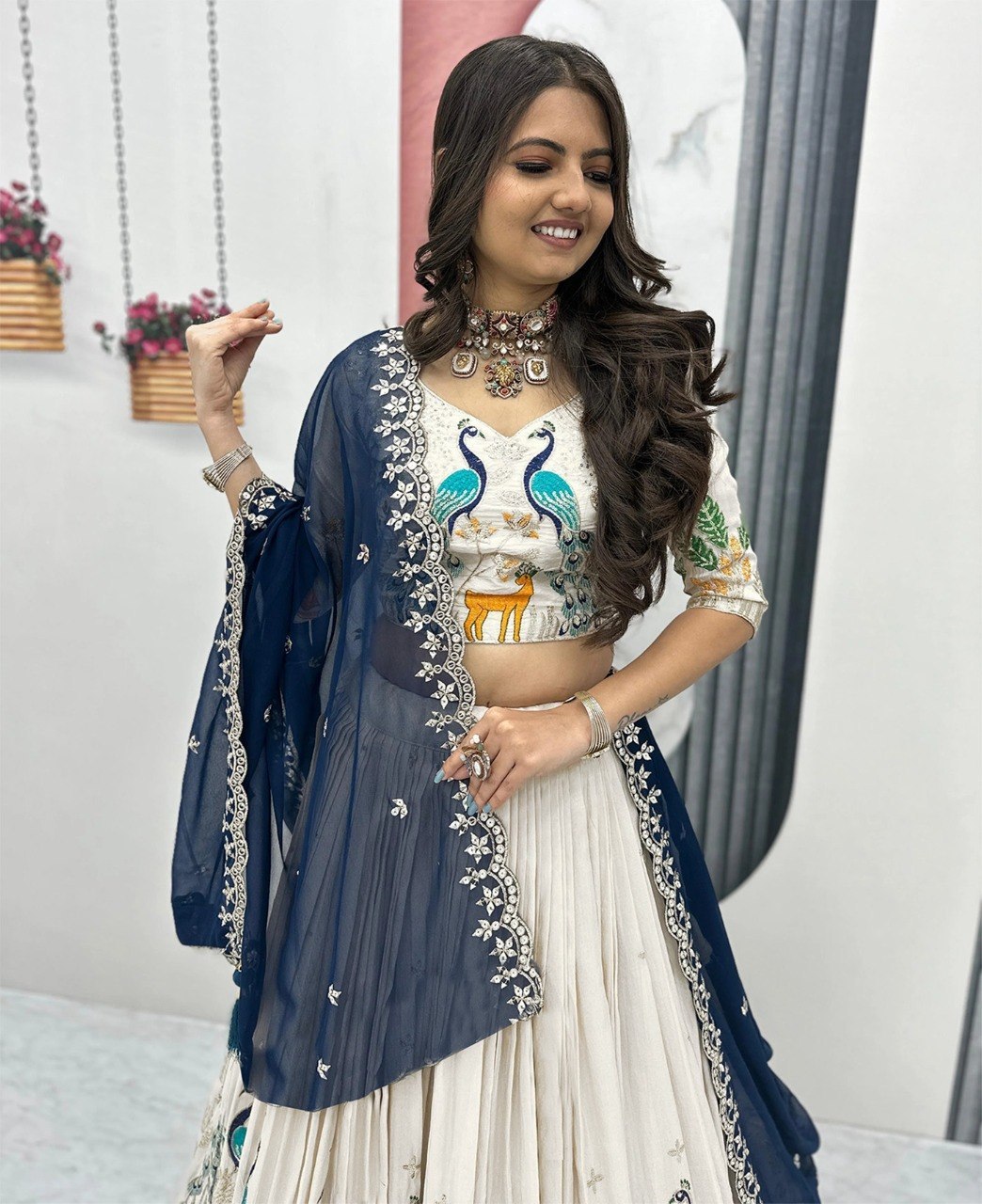 Rageshvari Creation White Chinon Semi-Stitched Lehenga Choli Set with Zari Embroidery - Image 2
