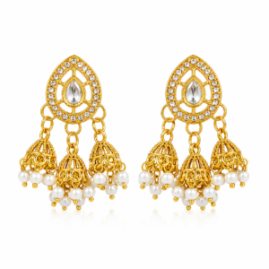 Rageshvari Fashion Crystal Kundan Triple Jhumka Earrings with Pearl Drops