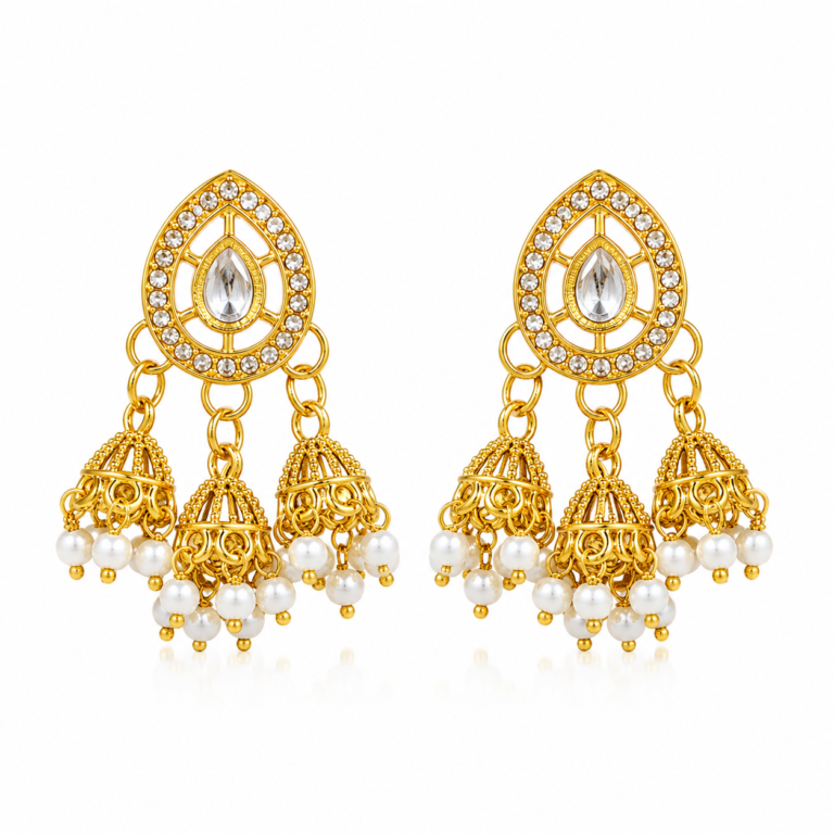 Rageshvari Fashion Crystal Kundan Triple Jhumka Earrings with Pearl Drops