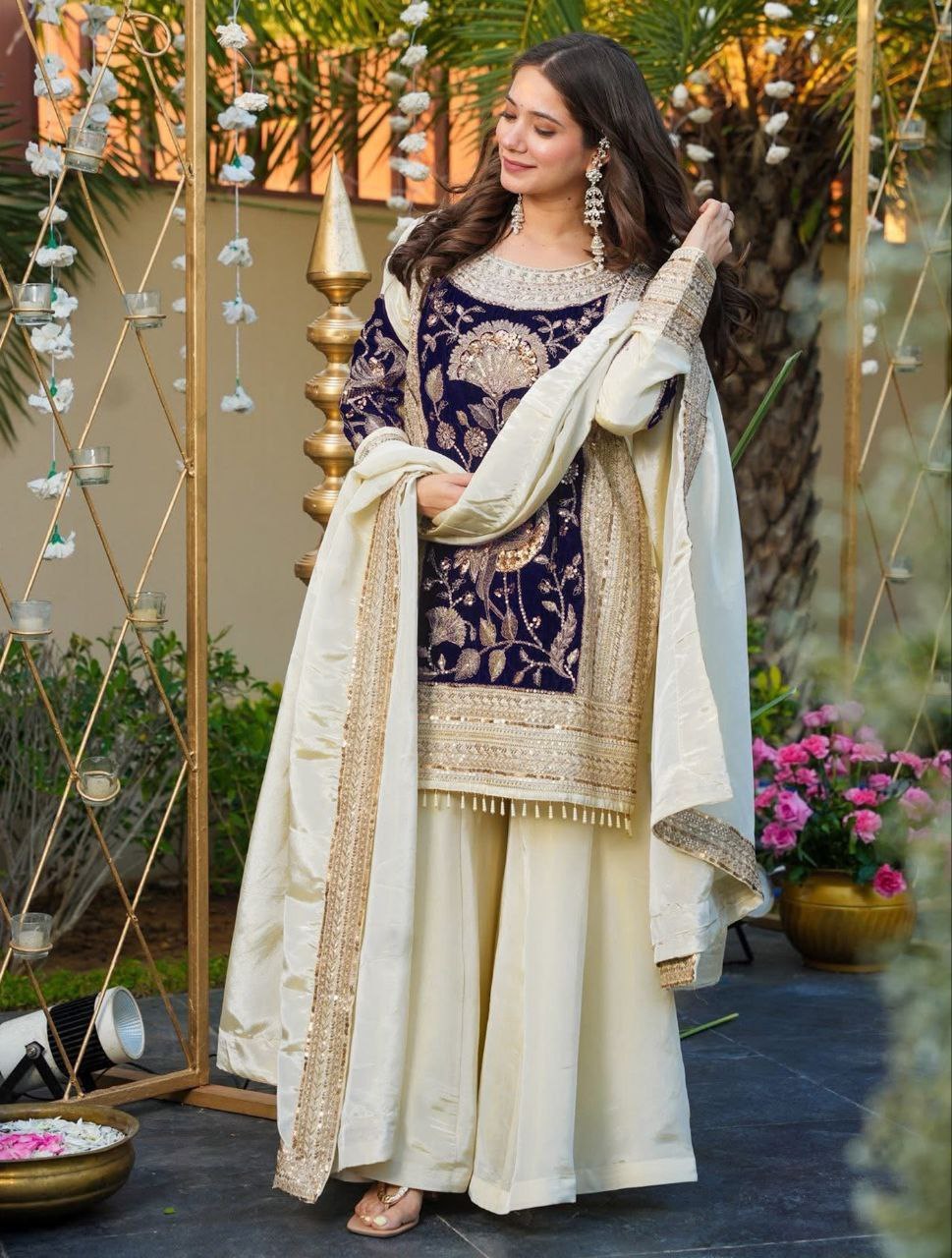 Rageshvari Creation Off-White French Crepe & Velvet Sequins Embroidered Kurta Palazzo Set - Image 2