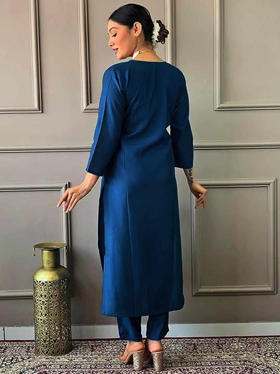 Rageshvari Creation Cerulean Blue Tesla Silk Embroidered Kurta Pant Set with Vichitra Dupatta - Image 2