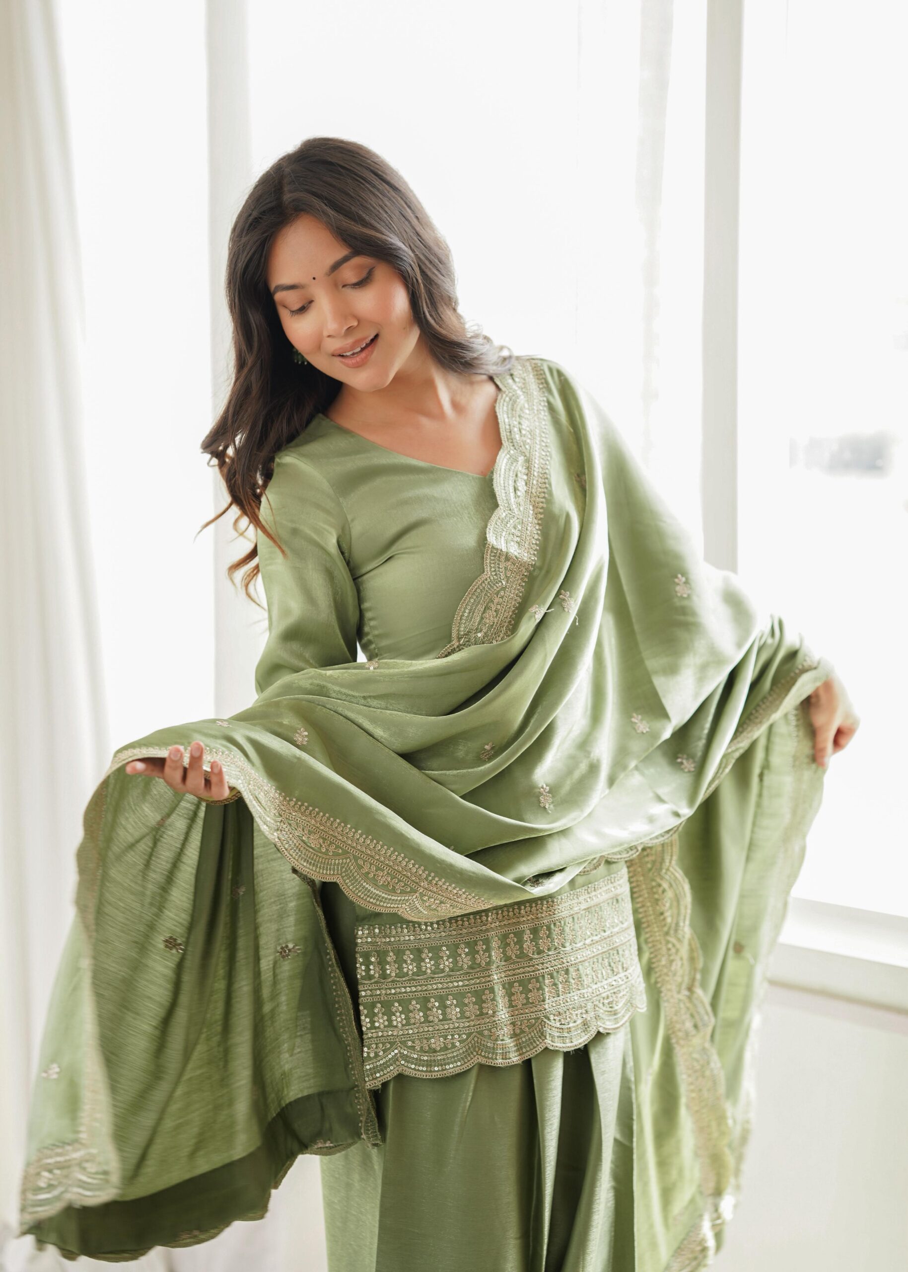 Rageshvari Creation Glass Roman Silk Embroidered Kurta with Farshi Shalwar and Dupatta Set - Image 2