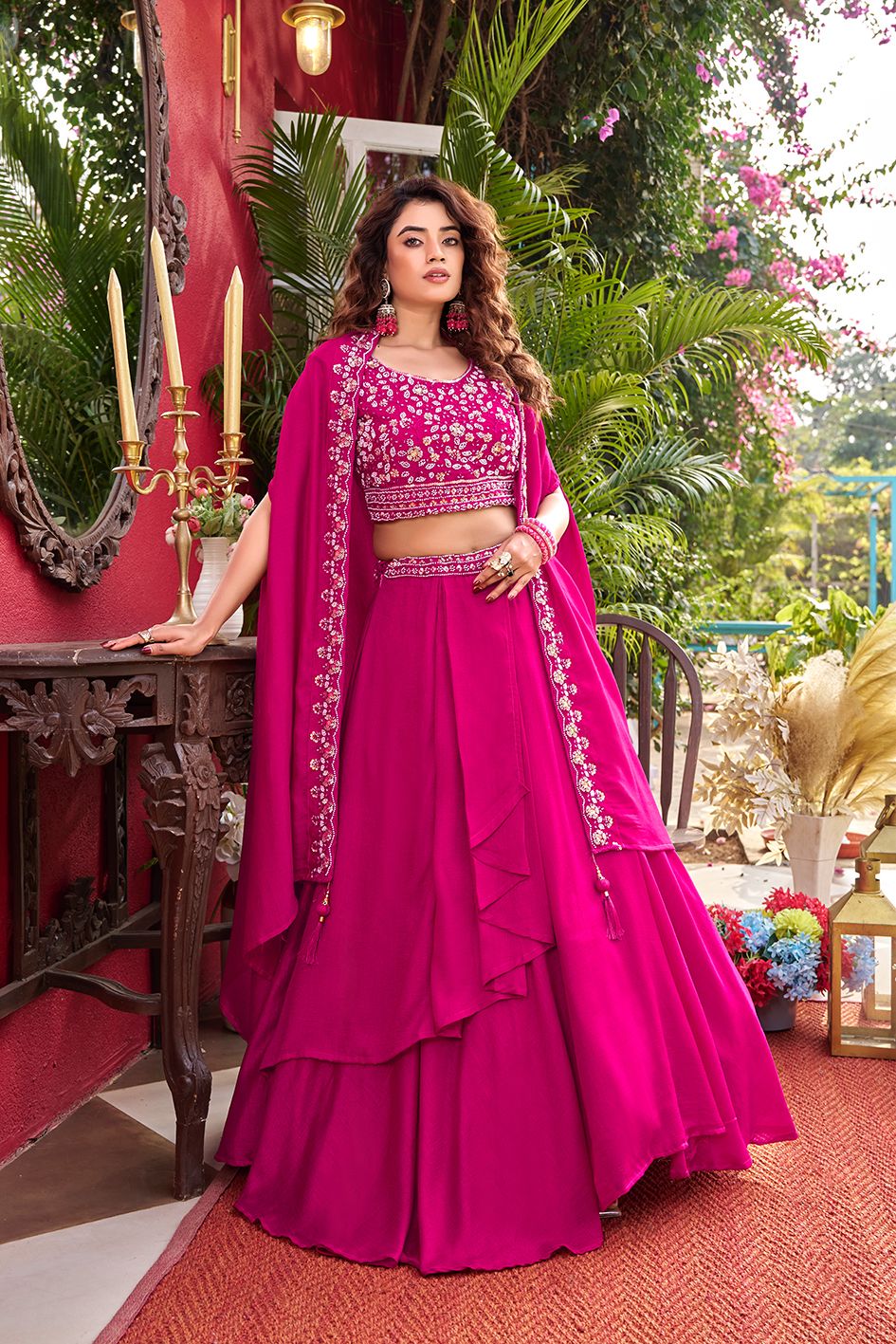 Rageshvari Creation Pure Vichitra Silk Moti Beads & Sequins Lehenga Choli with Shrug Style Dupatta - Image 2