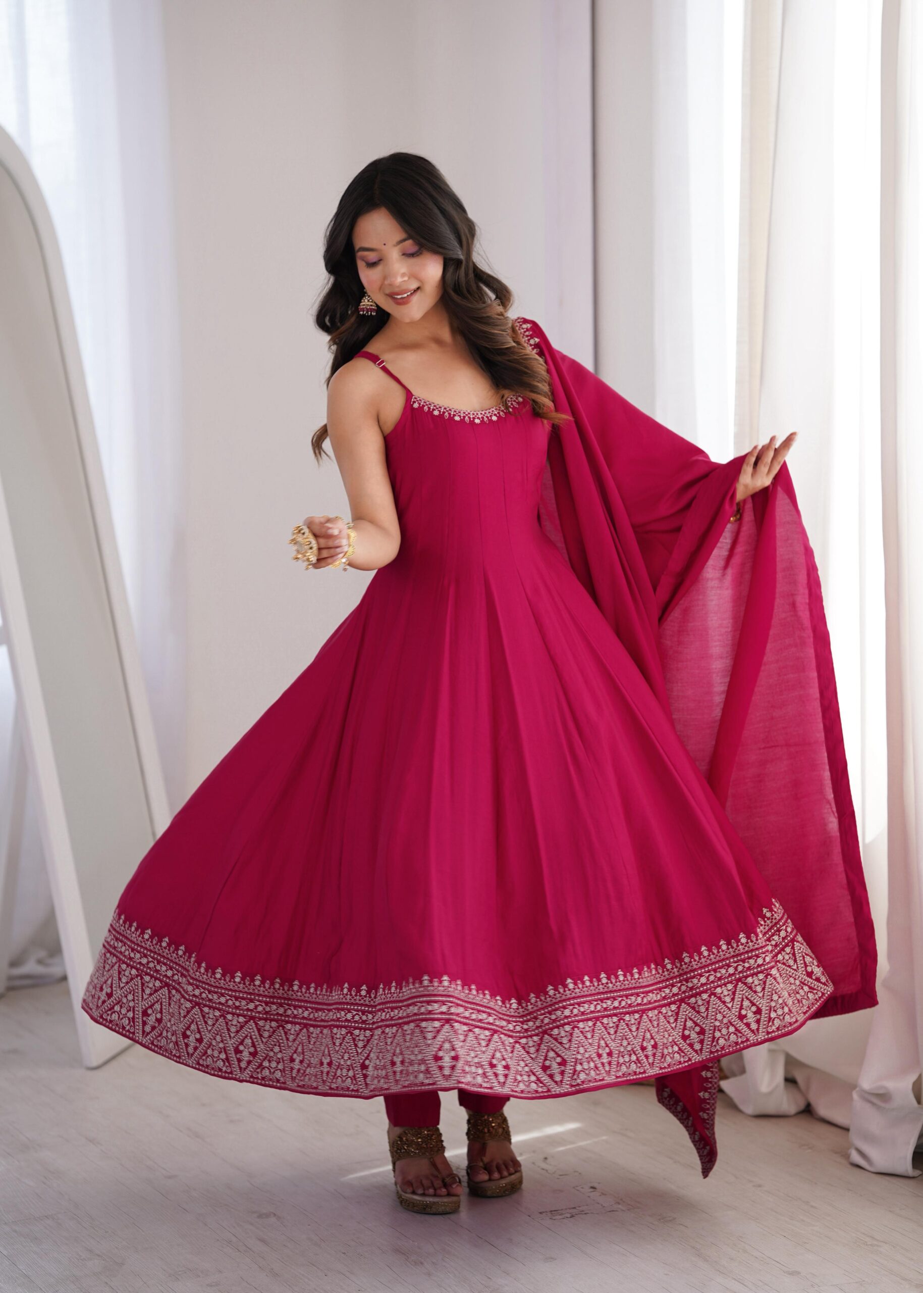 Rageshvari Creation Premium Roman Silk Chanderi Thread Work Anarkali Gown Pant Set with Dupatta - Image 2