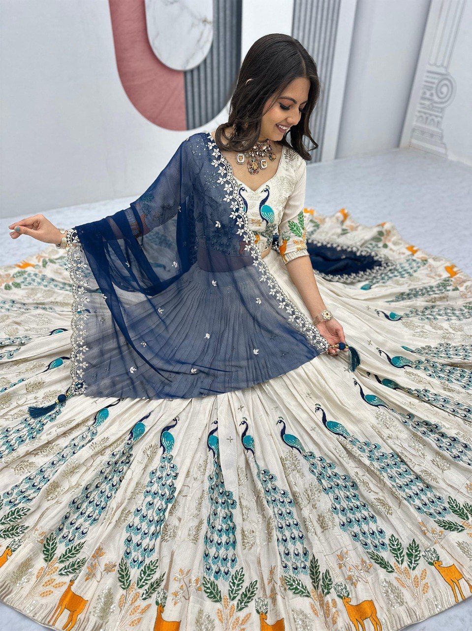 Rageshvari Creation White Chinon Semi-Stitched Lehenga Choli Set with Zari Embroidery