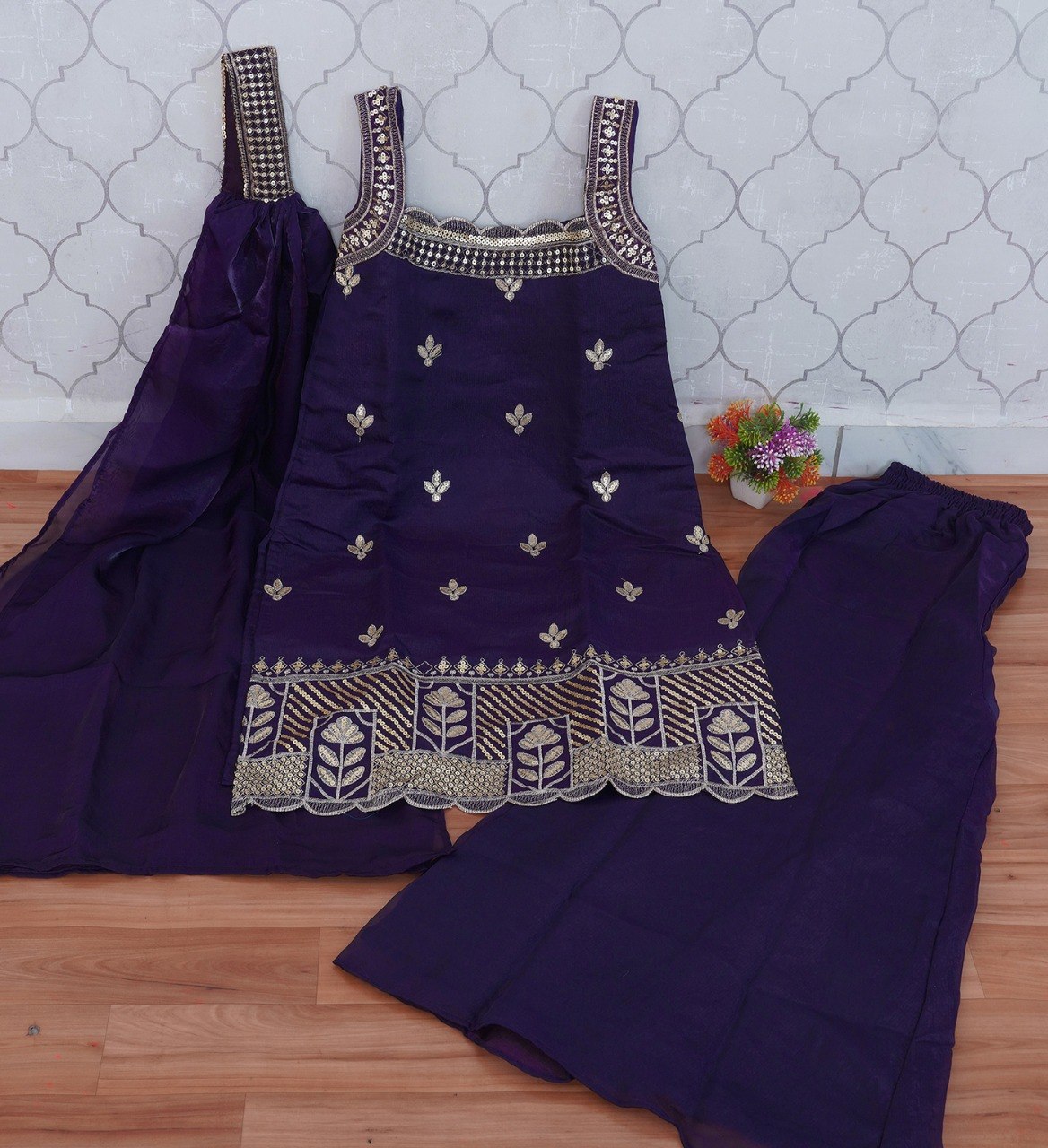 Rageshvari Creation Wine Embroidered Fandy Fabric Kurta Palazzo Set with Lace Dupatta - Image 3