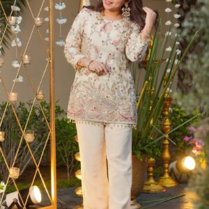 Rageshvari Creation Off-White French Crepe Embroidered Co-Ord Set – Kurta & Pants Outfit