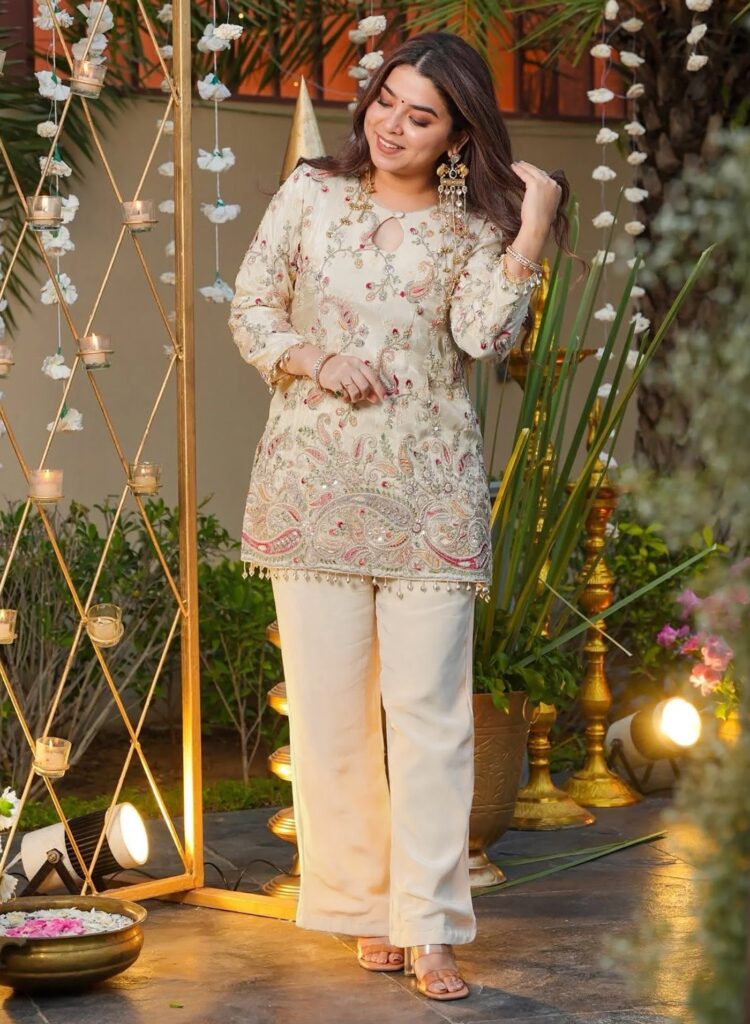 Rageshvari Creation Off-White French Crepe Embroidered Co-Ord Set – Kurta & Pants Outfit