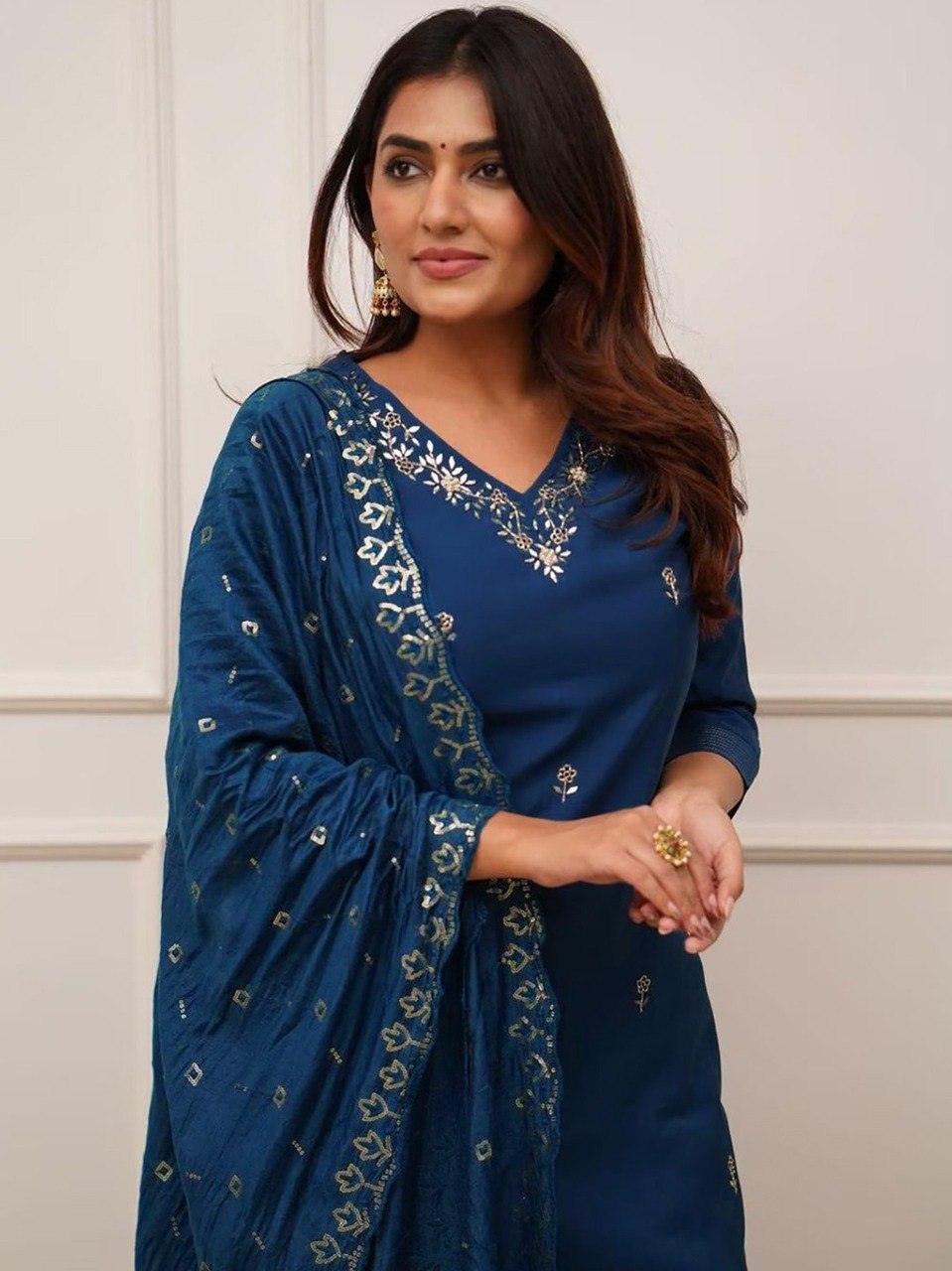 Rageshvari Creation Cerulean Blue Tesla Silk Embroidered Kurta Pant Set with Vichitra Dupatta - Image 3