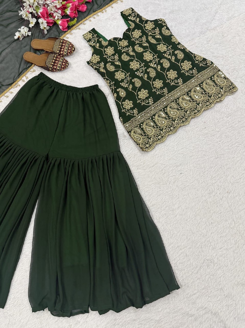 Rageshvari Fashion Green Mango Embroidered French Crepe Kurta Sharara Set - Image 3