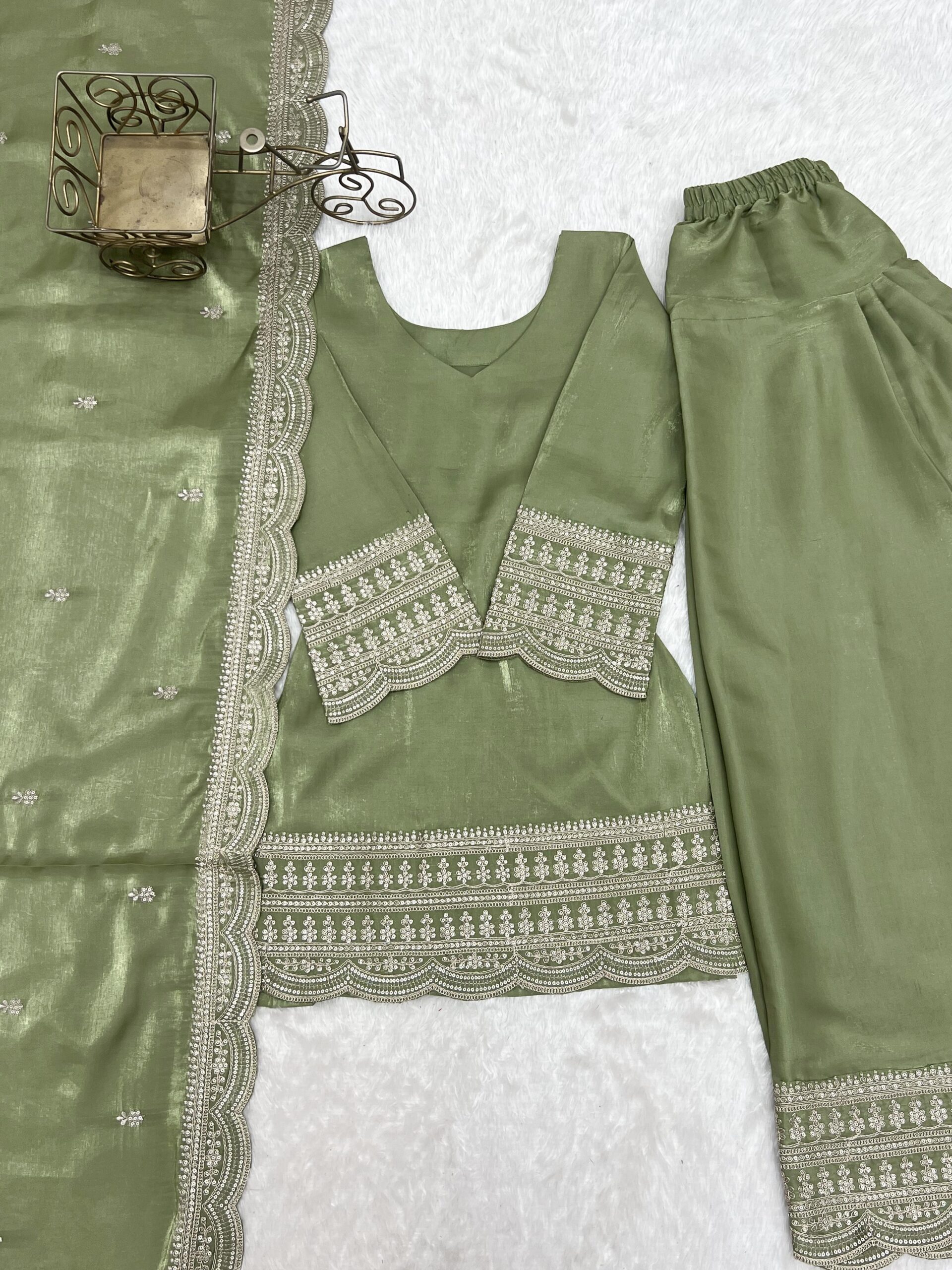Rageshvari Creation Glass Roman Silk Embroidered Kurta with Farshi Shalwar and Dupatta Set - Image 3