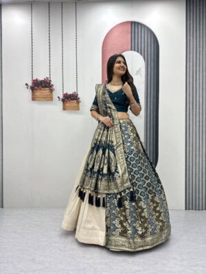 Rageshvari Creation Wedding Special Pure Shimmer Silk 4-Meter Flair Lehenga & Jacquard Saree Combo