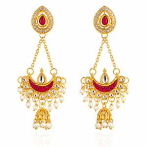 Rageshvari Fashion Ruby Red Kundan Chandbali Jhumka Earrings with Pearl Drops