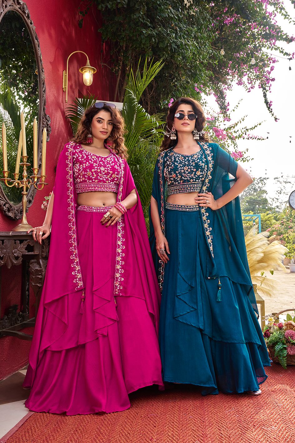Rageshvari Creation Pure Vichitra Silk Moti Beads & Sequins Lehenga Choli with Shrug Style Dupatta - Image 3
