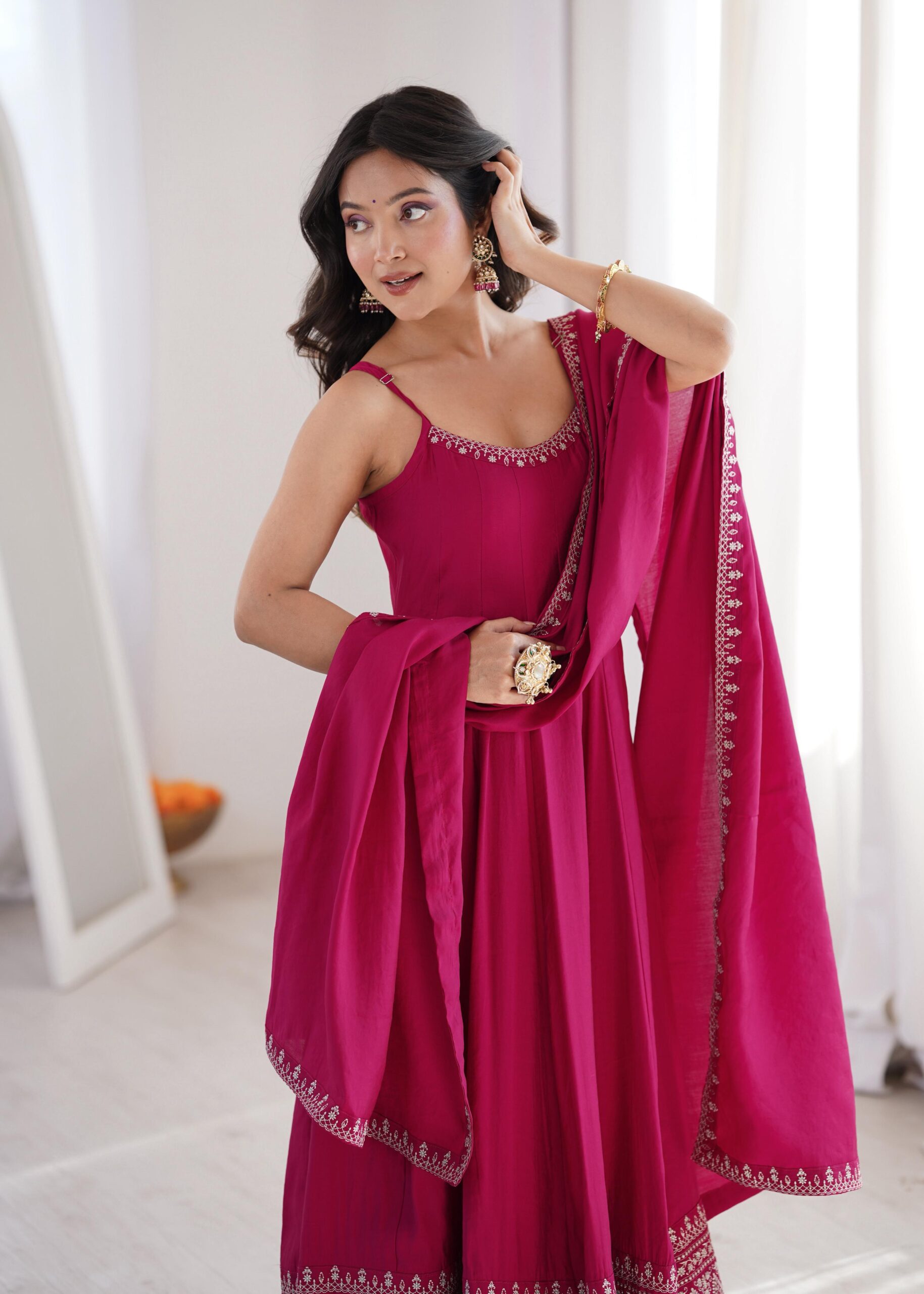 Rageshvari Creation Premium Roman Silk Chanderi Thread Work Anarkali Gown Pant Set with Dupatta - Image 3