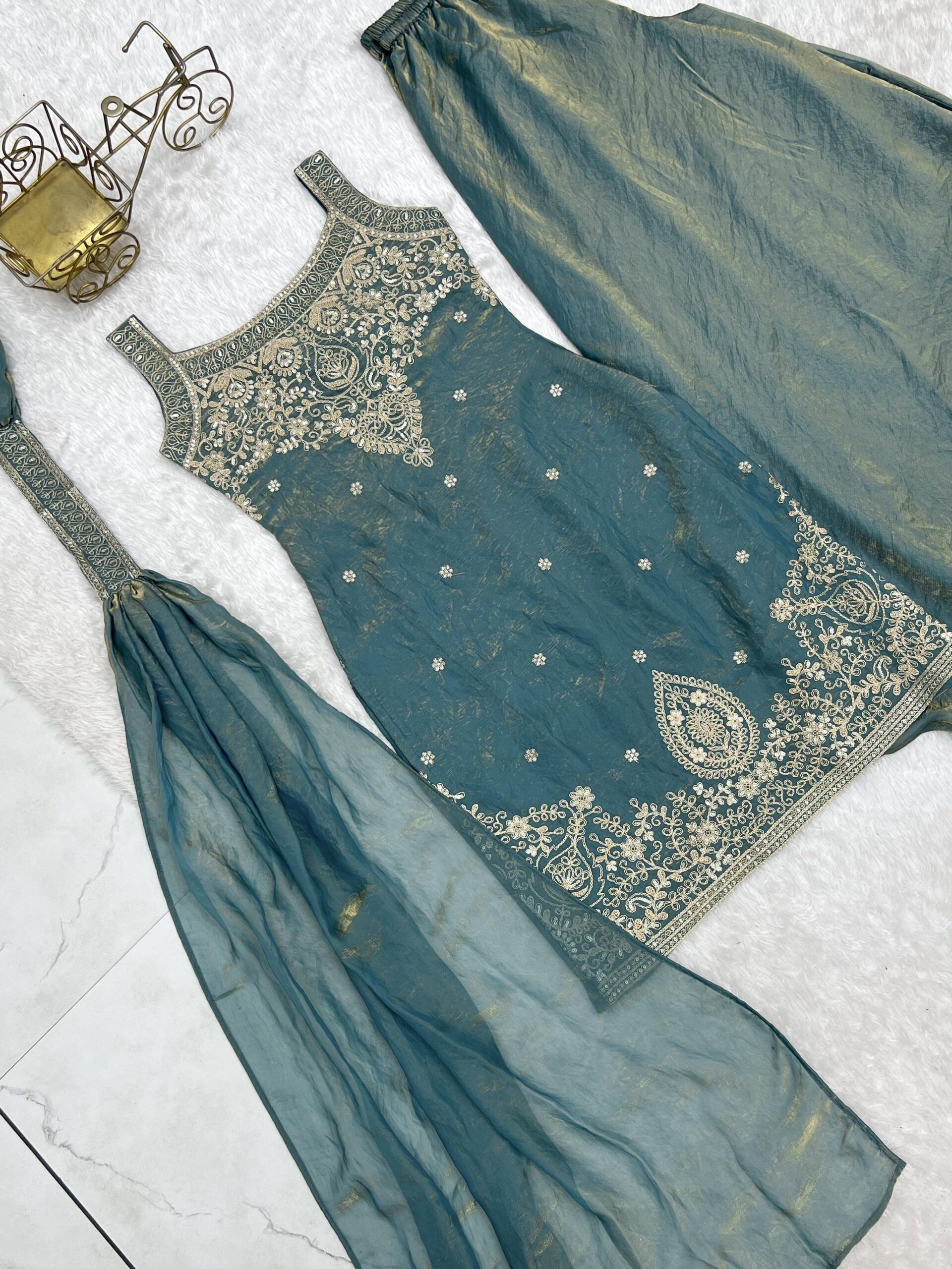 Rageshvari Creation Premium Fendy Silk Embroidered Kurta Sharara Set with Belt Style Dupatta - Image 3
