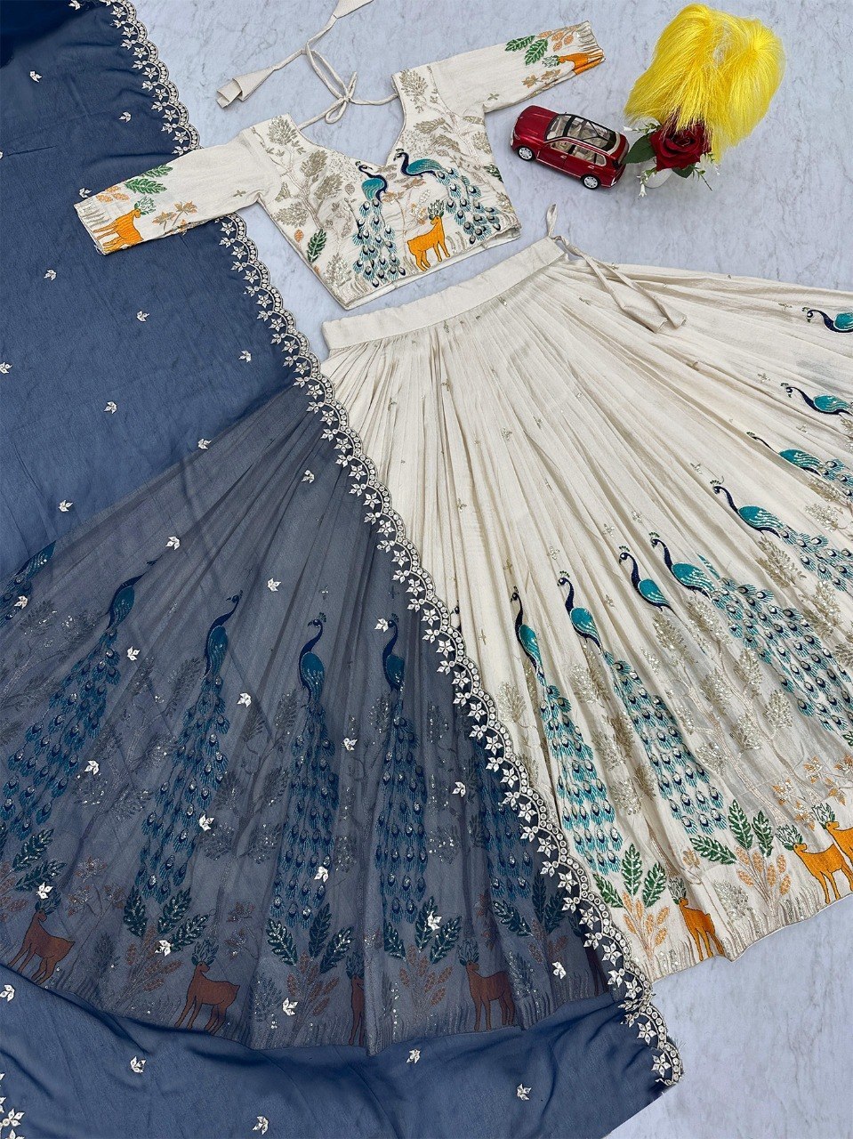 Rageshvari Creation White Chinon Semi-Stitched Lehenga Choli Set with Zari Embroidery - Image 3