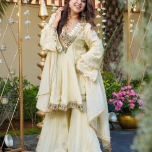 Rageshvari Creation Off-White French Crepe Mirror Embroidered Kurta Palazzo Set