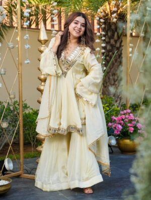 Rageshvari Creation Off-White French Crepe Mirror Embroidered Kurta Palazzo Set