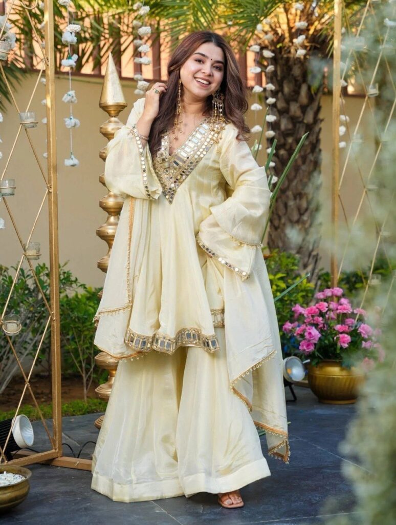 Rageshvari Creation Off-White French Crepe Mirror Embroidered Kurta Palazzo Set