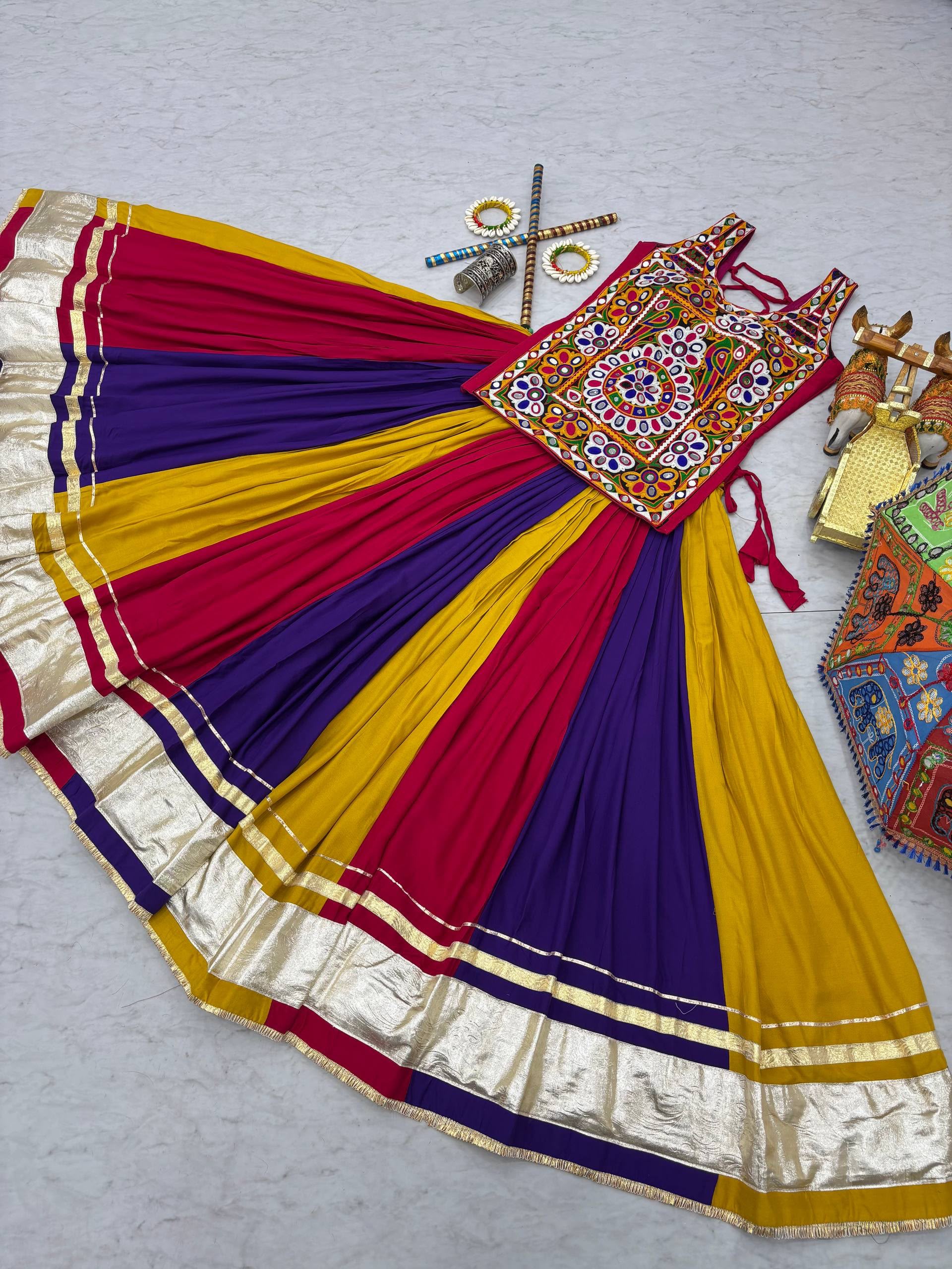 Rageshvari Creation Navratri Special Pure Cotton 6-Meter Flair Gamthi & Real Mirror Work Lehenga Choli - Image 4