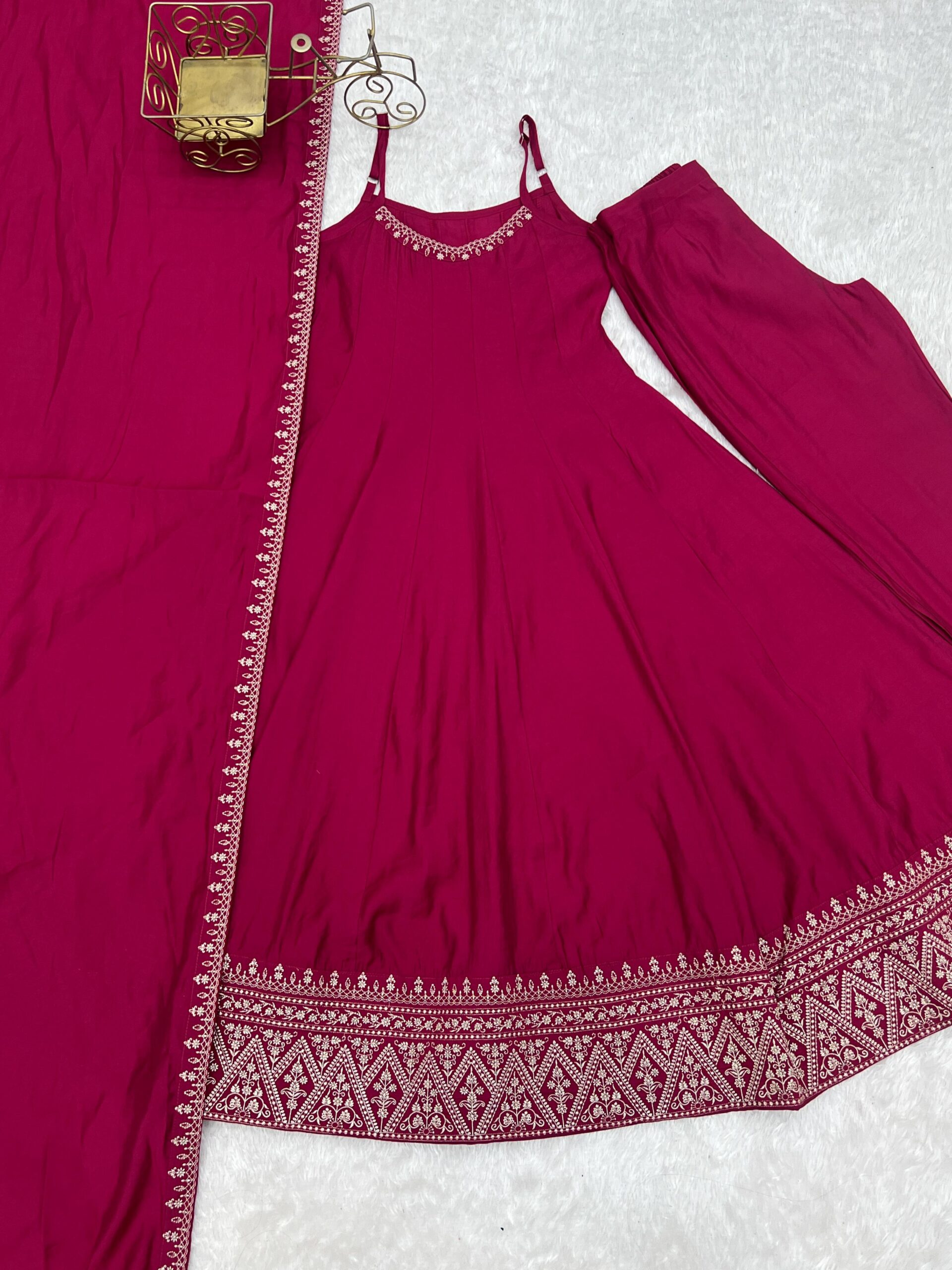 Rageshvari Creation Premium Roman Silk Chanderi Thread Work Anarkali Gown Pant Set with Dupatta - Image 4
