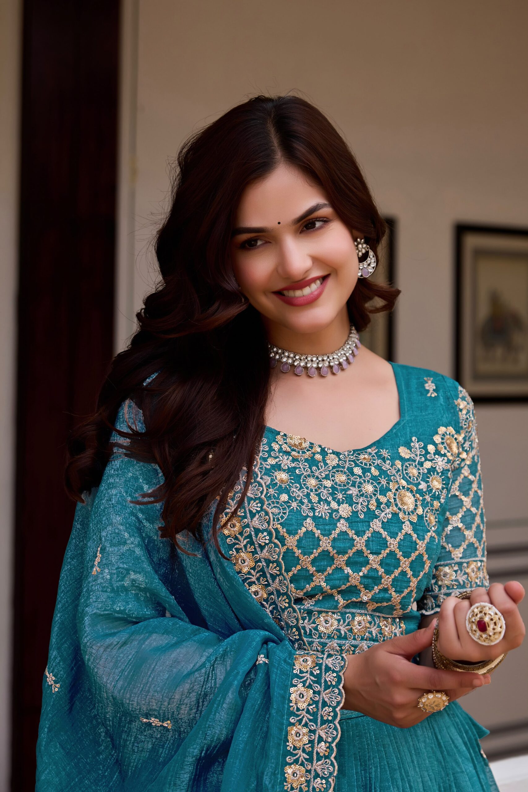 Rageshvari Creation Pure Crunchy Silk Heavy Sequins Embroidered Wedding Lehenga Choli Set - Image 5