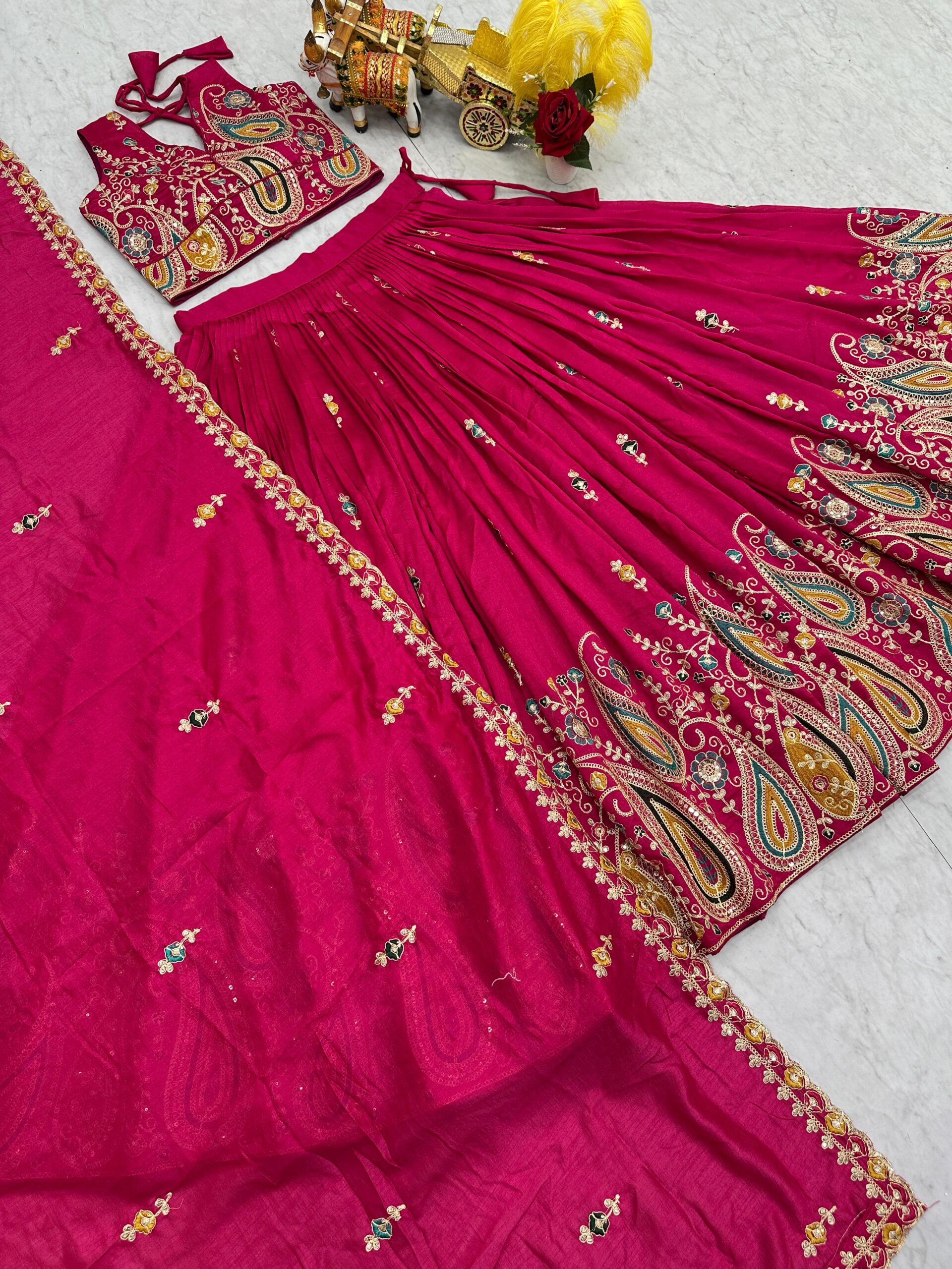 Rageshvari Creation Pure Vichitra Silk Cording Sequins & Thread Work Wedding Lehenga Choli Set - Image 5