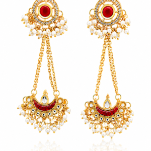 Rageshvari Fashion Ruby Red Kundan Chandbali Long Drop Earrings with Pearl Tassels