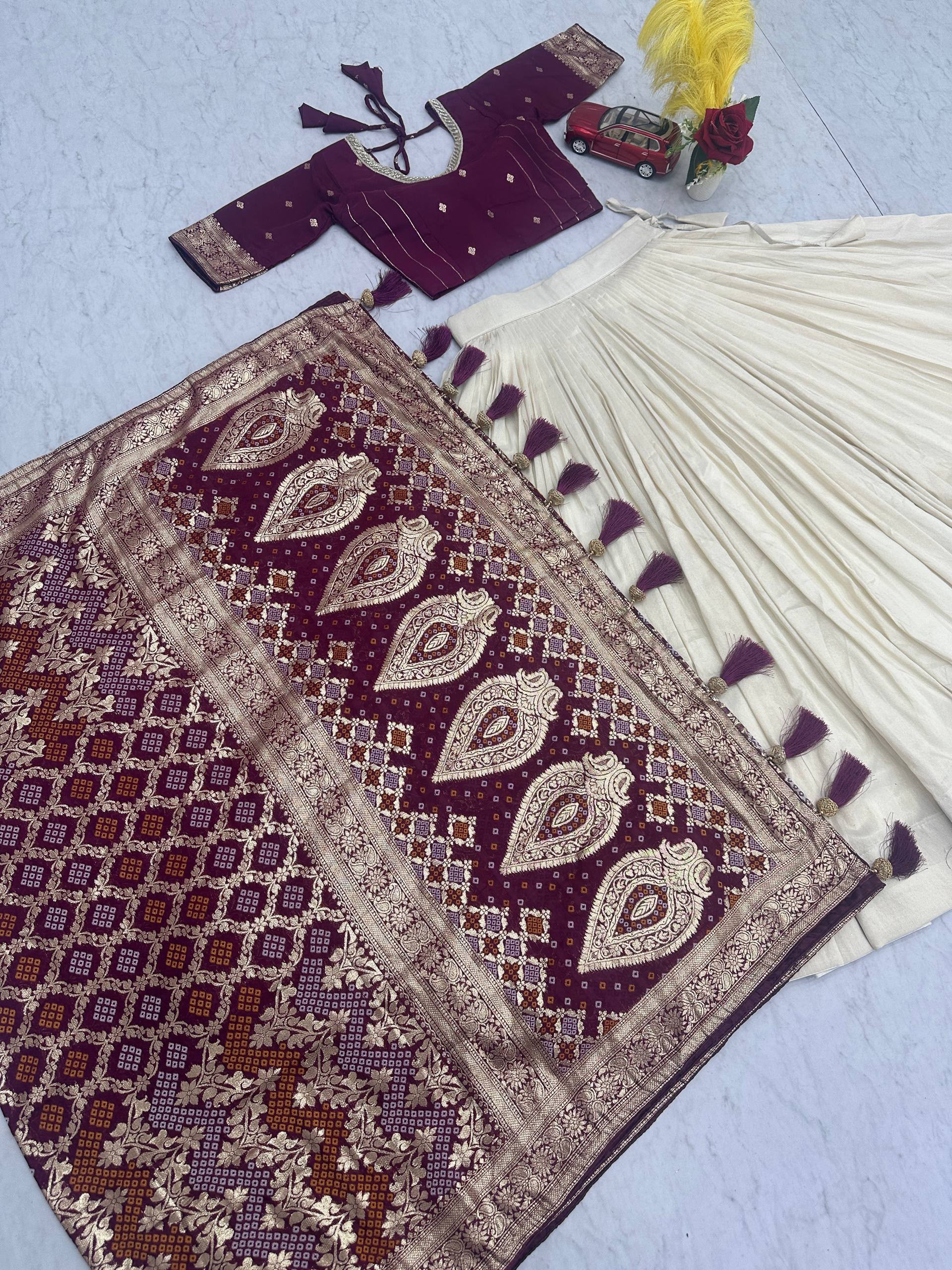 Rageshvari Creation Wedding Special Pure Shimmer Silk 4-Meter Flair Lehenga & Jacquard Saree Combo - Image 4