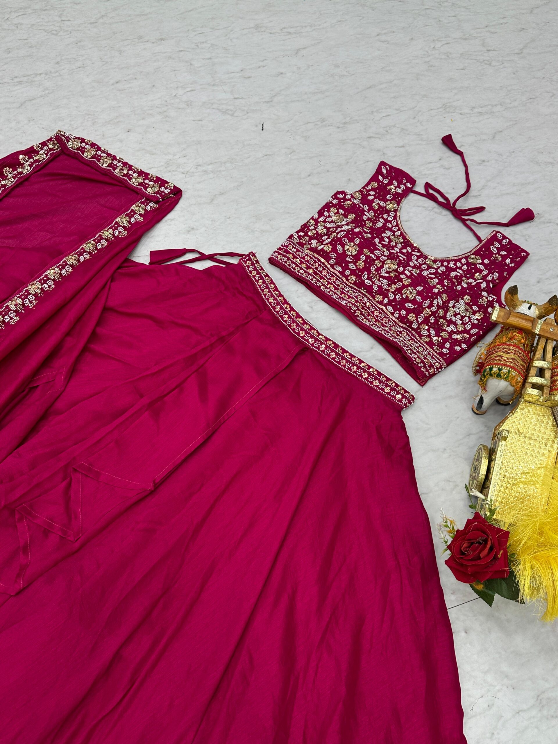 Rageshvari Creation Pure Vichitra Silk Moti Beads & Sequins Lehenga Choli with Shrug Style Dupatta - Image 4