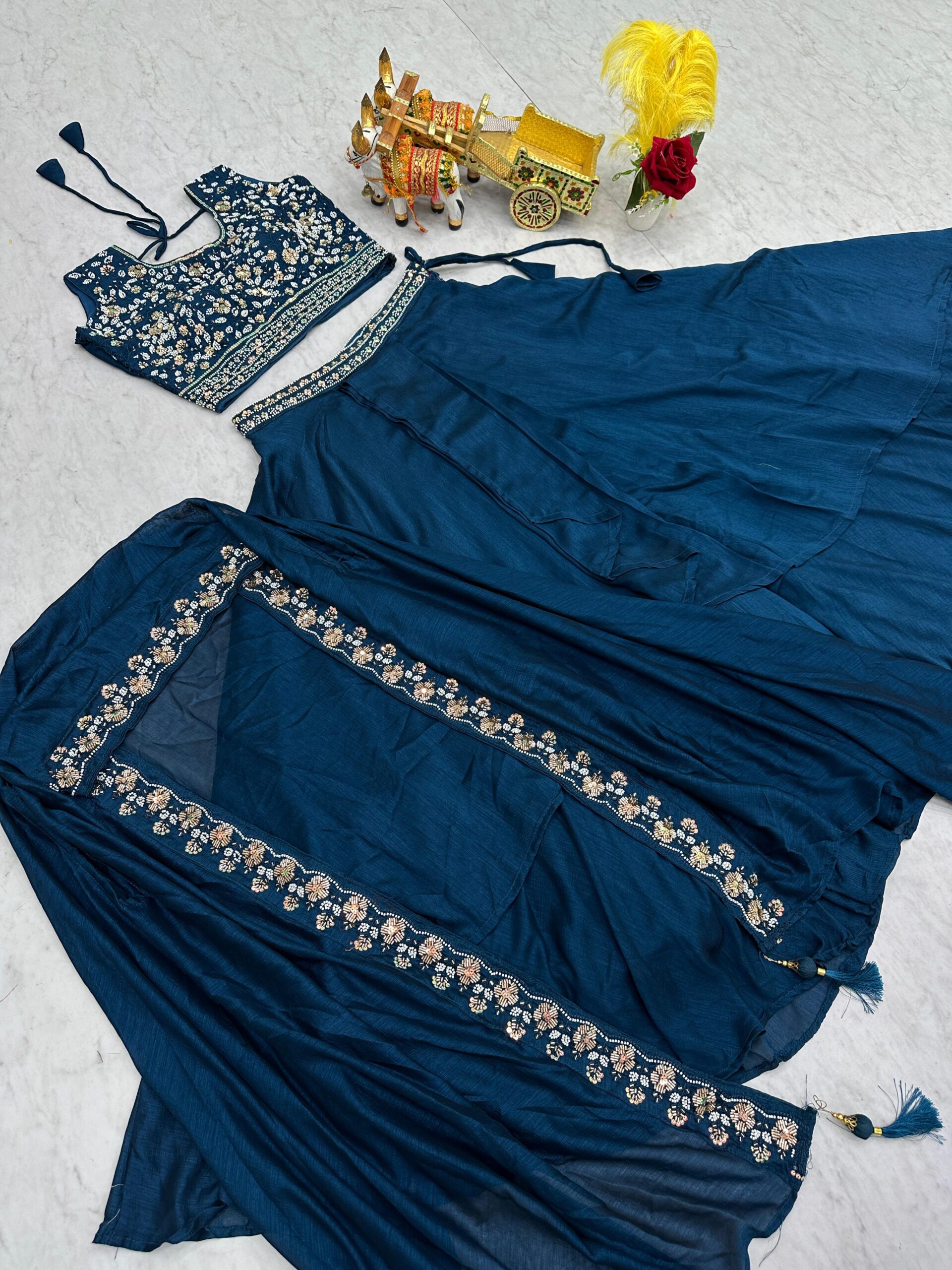 Rageshvari Creation Pure Vichitra Silk Moti Beads & Sequins Lehenga Choli with Shrug Style Dupatta - Image 5
