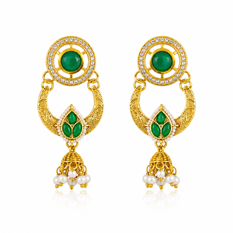 Rageshvari Fashion Emerald Green Kundan Hoop Jhumka Earrings with Pearl Drops
