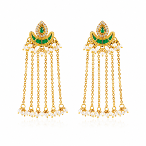 Rageshvari Fashion Emerald Green Kundan Chain Tassel Earrings with Pearl Drops