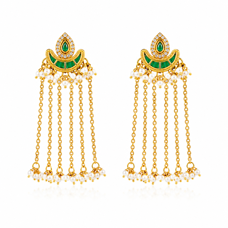 Rageshvari Fashion Emerald Green Kundan Chain Tassel Earrings with Pearl Drops