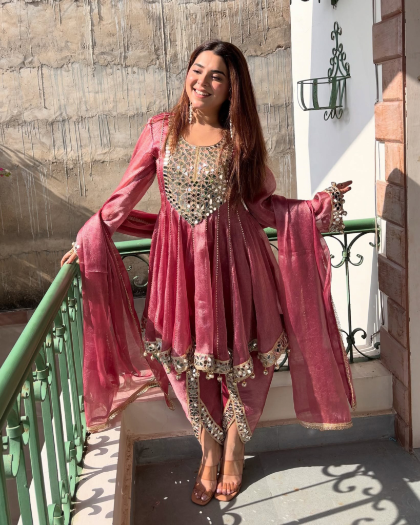 Rageshvari Fashion Pink Fandy Silk Dhoti Style Suit with Real Mirror Work