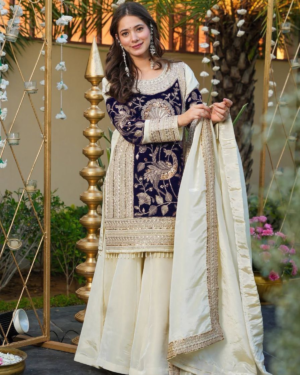 Rageshvari Creation Off-White French Crepe & Velvet Sequins Embroidered Kurta Palazzo Set
