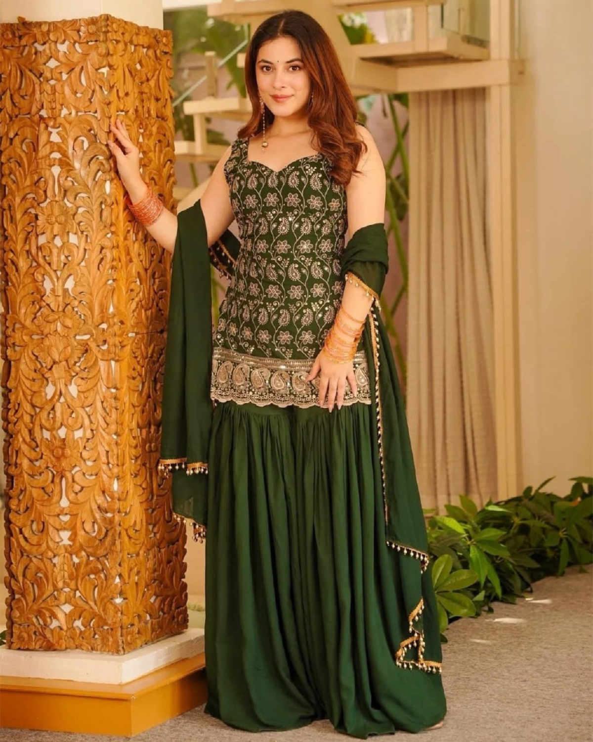 Green French Crepe Embroidered Kurta Sharara Set with Dupatta