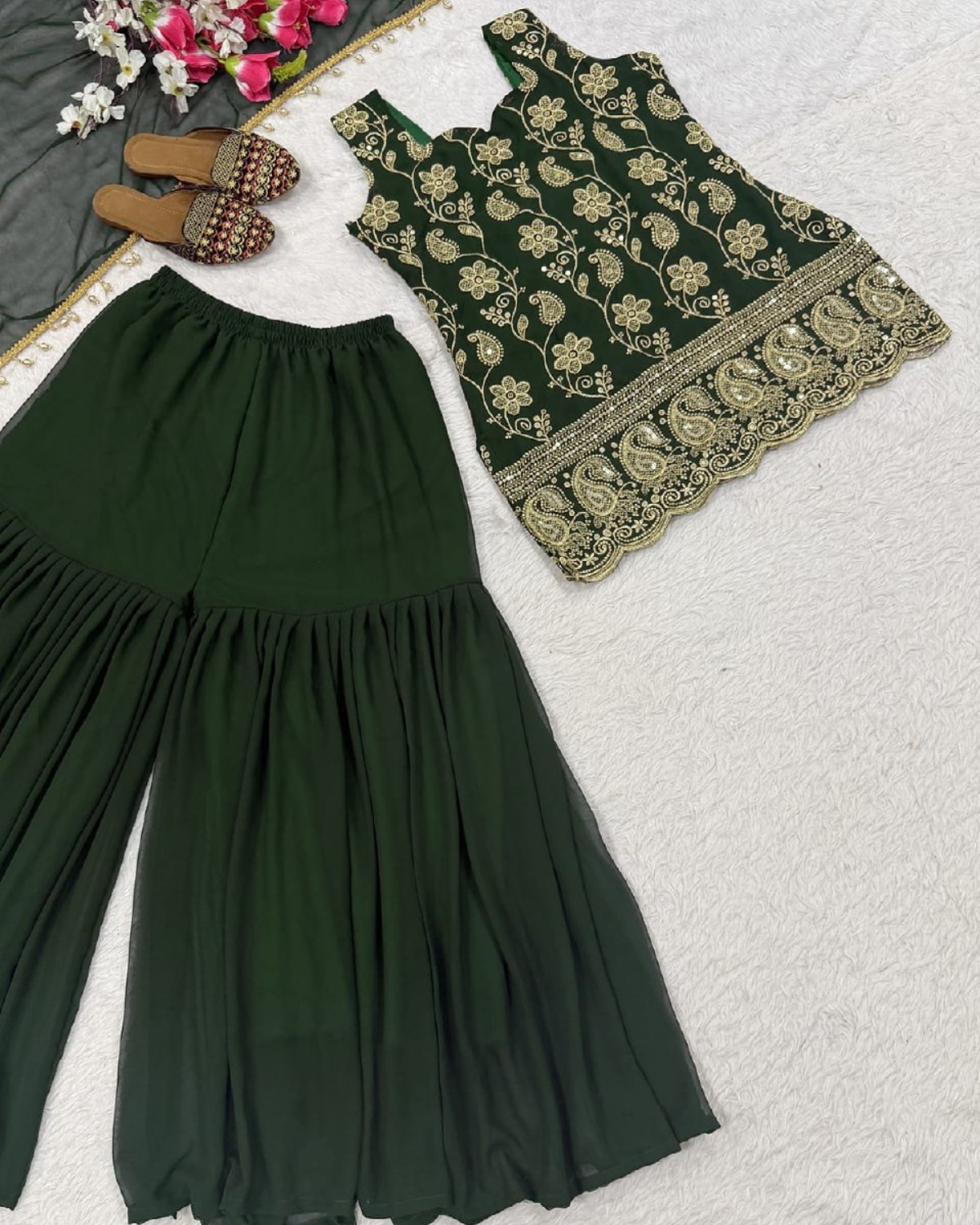 Green French Crepe Embroidered Kurta Sharara Set with Dupatta - Image 3