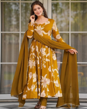 Rageshvari Fashion Mustard Vaani Printed Rayon Anarkali Suit Set
